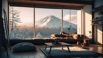 A sofa in a chalet with view on the mountain - generative ai