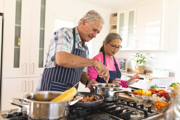 Happy senior diverse couple cooking dinner in kitchen