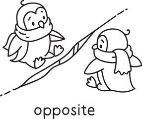 Preposition of movement. Two penguins are sitting opposite each other