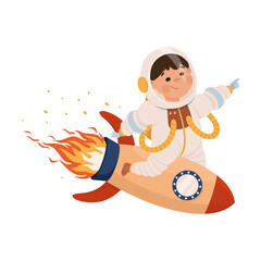 Little boy in spacesuit flying on rocket. Kids astronaut character dreaming about adventures in outer space cartoon vector illustration