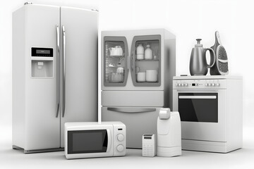 Home appliances. Household kitchen technics isolated on white background. Fridge, dishwasher, gas cooker, microwave oven, washing machine vacuum cleaner air conditioneer and iron.