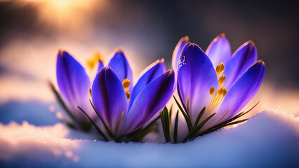 low angle closeup of blooming violet snow crocuses flower on snow with a shining sun in background, generative AI