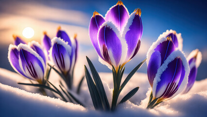 low angle closeup of blooming violet snow crocuses flower on snow with a shining sun in background, generative AI