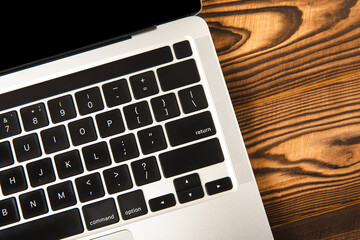 Keyboard of a modern laptop. white and black. Mocap. Place for text. Place to copy. Laptop on the office desk. Business concept.