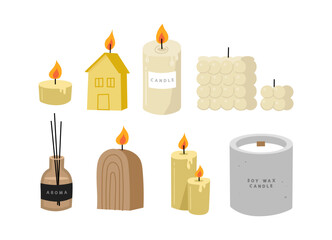 Set of scented burning candles. Beeswax, paraffin, soy, coconut wax candles in jar, containers and pillar. Aroma SPA candles collection. Zero waste eco gifts. Hand draw vector illustration