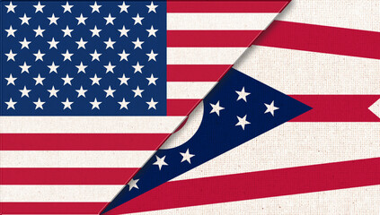 Flags of USA and Ohio. Political concept. Flags of Ohio United states of America
