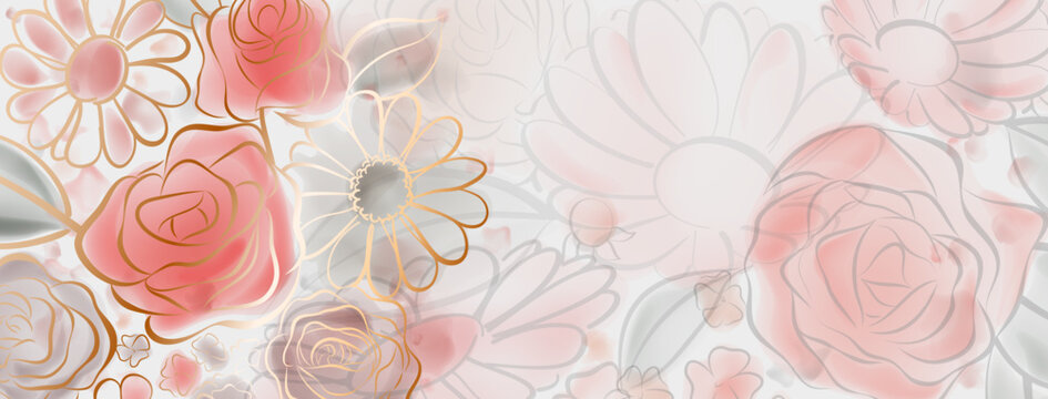 Background of colorful flowers painted with watercolors and a calligraphic brush