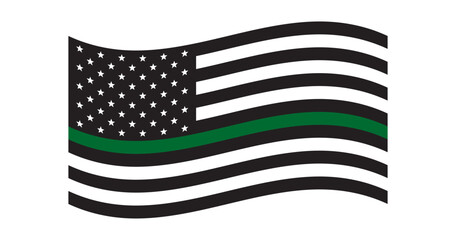 Military us flag.Black and white US Flag with green line.