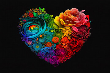 Rainbow color heart made of flowers isolated on dark background. This illustration represents concept of love for LGBTQ, gay, lesbian, pride and bisexsual. Digital colorful art. Digital illustration g