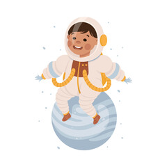 Happy little child in spacesuit sitting on planet. Kids astronaut character dreaming about adventures in outer space cartoon vector illustration