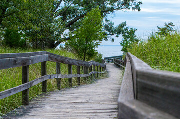 Obraz premium wooden walkway to beach path Lake Michigan Muskegon