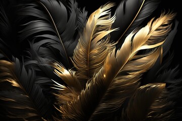 Soft and fluffy background with black and gold feathers as a beautiful abstract wallpaper title. Generative AI