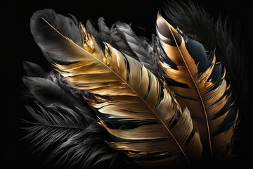 Soft and fluffy background with black and gold feathers as a beautiful abstract wallpaper title. Generative AI