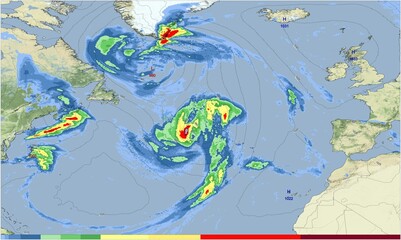 El mapa meteorológico muestra la precipitación y la presión atmosférica en el océano Atlántico. Los datos de precipitación se representan mediante gradientes de color. - obrazy, fototapety, plakaty