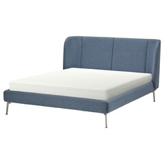 Bed frame with soft textured upholstery in blue color rounded headboard cast metal legs durable...