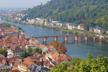Fototapeta na wymiar View of Heidelberg, Germany. International city of students. Bridge over a river