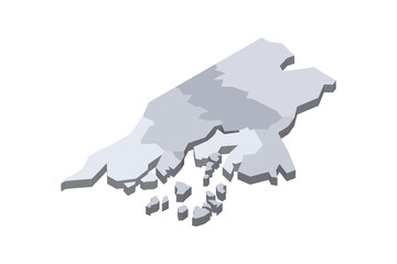 Guinea-Bissau political map of administrative divisions - regions and autonomous sector of Bissau. 3D isometric blank vector map in shades of grey.