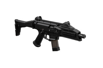 A modern automatic carbine chambered for 9mm pistol caliber. Weapons for the police, army and special units. Isolate on a white back.