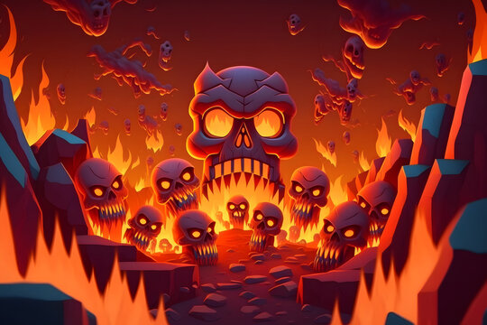 Cartoon fire in the night background, inferno. Made with Generative AI