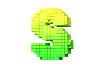 Retro style pixel art font letter S in yellow to green color scheme. High quality 3D rendering.