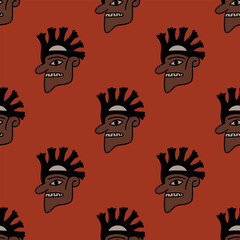 Seamless ethnic pattern with stylized human heads. Indigenous Nazca design from ancient Peru. On red background.