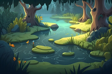 Fototapeta na wymiar Cartoon swamp background. Made with Generative AI
