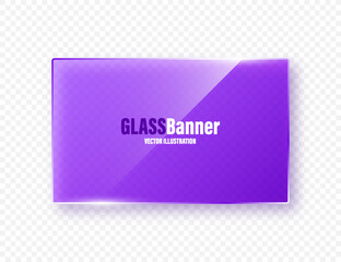 Realistic glass frame. Violet transparent glass banner with flares and highlights. Glossy acrylic plate, element with light reflection and place for text. Vector illustration