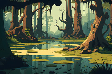 Cartoon swamp background. Made with Generative AI - obrazy, fototapety, plakaty