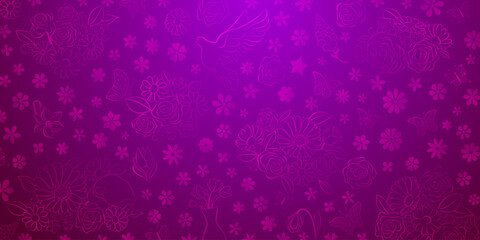 Spring background in purple colors made of various flowers, birds and butterflies