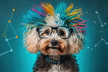 dog as a neuroscientist on colored background, concept of Inquisitive and Thoughtful, created with Generative AI technology - obrazy, fototapety, plakaty