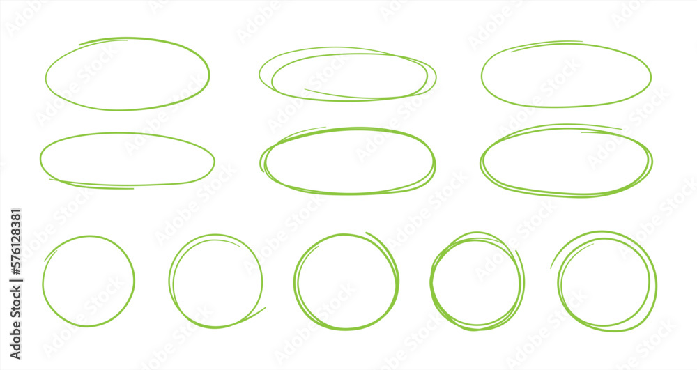 Poster Set of hand drawn red circles and ovals. Highlight circle frames. Ellipses in doodle style. Vector illustration 10 eps.