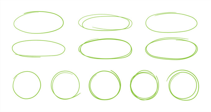 Set of hand drawn red circles and ovals. Highlight circle frames. Ellipses in doodle style. Vector illustration 10 eps.