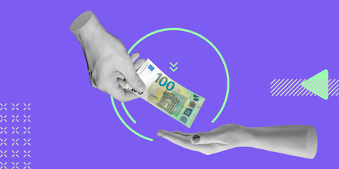 Donates concept. The male hand transfers 100 euros to the female hand. Minimalistic collage