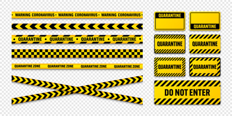 Various quarantine zone warning tapes and shields. Novel coronavirus outbreak. Global lockdown. Coronavirus danger stripe. Police caution line, restricted area. Construction tape. Vector illustration