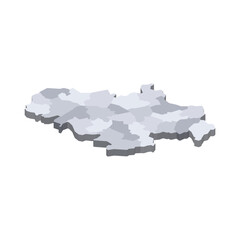 Serbia political map of administrative divisions - okrugs and autonomous city of Belgrade. 3D isometric blank vector map in shades of grey.