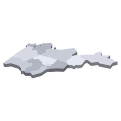 Armenia political map of administrative divisions - provinces and autonomous city of Yerevan. 3D isometric blank vector map in shades of grey.