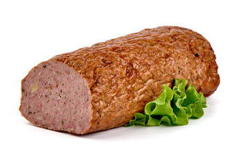 Baked meatloaf, minced meat roll, isolated on white background.