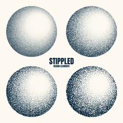 Round shaped dotted objects, vintage stipple elements. Fading gradient. Stippling, dotwork drawing, shading using dots. Halftone disintegration effect. White noise grainy texture. Vector illustration