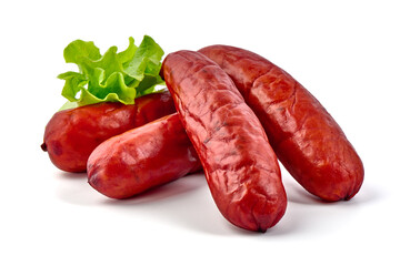Smoked Pork sausages, close-up, isolated on white background.