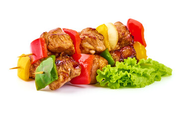 Grilled pork barbecue, roasted shish kebab, isolated on white background.