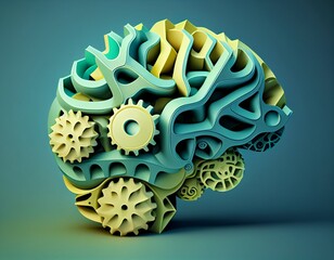 The human brain is green and yellow, which is composed of a collection of gears.  Generative AI.