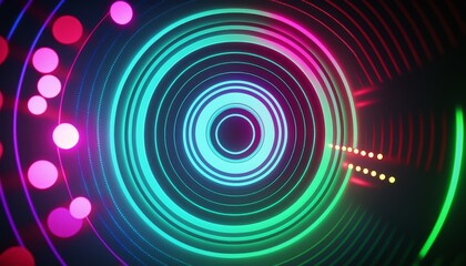 A decorative background with neon glowing colors and shapes with circles and hexagons. Generative AI.