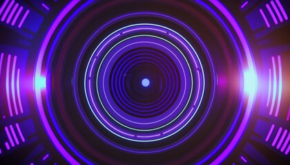 A decorative background with neon glowing colors and shapes with circles and hexagons. Generative AI.