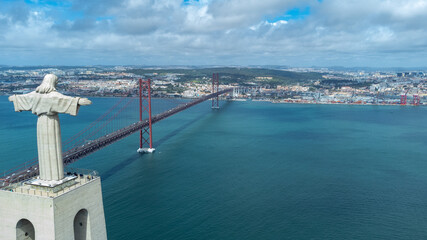 Lisbon, Portugal. April 11, 2022: Panoramic landscape with a view of the Tagus river and 25 de...