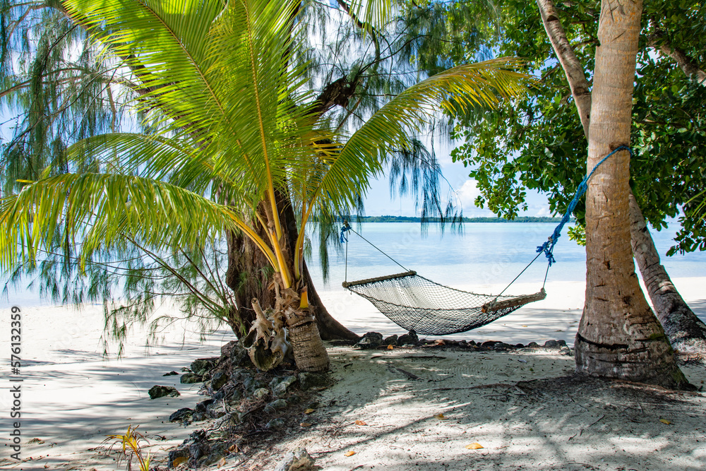 Wall mural Hammock, blue ocean and coconut trees. Relax on the beach. Carp island, Palau, Pacific