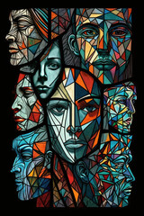 Many human faces mixed with abstract shapes, stained glass, pastel colors.