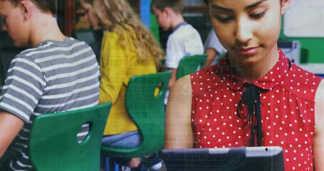Animation of data processing over biracial girl using digital tablet and smiling at school - Powered by Adobe