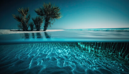 Fototapeta na wymiar Mistically illuminated blue sandy beach. generative Ai
