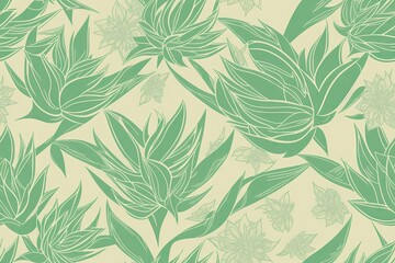 Aloe vera pattern with aloe leaves background. Seamless flat painting. Beautiful tribal generative ai art background