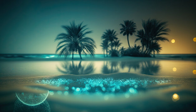 Mistically illuminated blue sandy beach. generative Ai